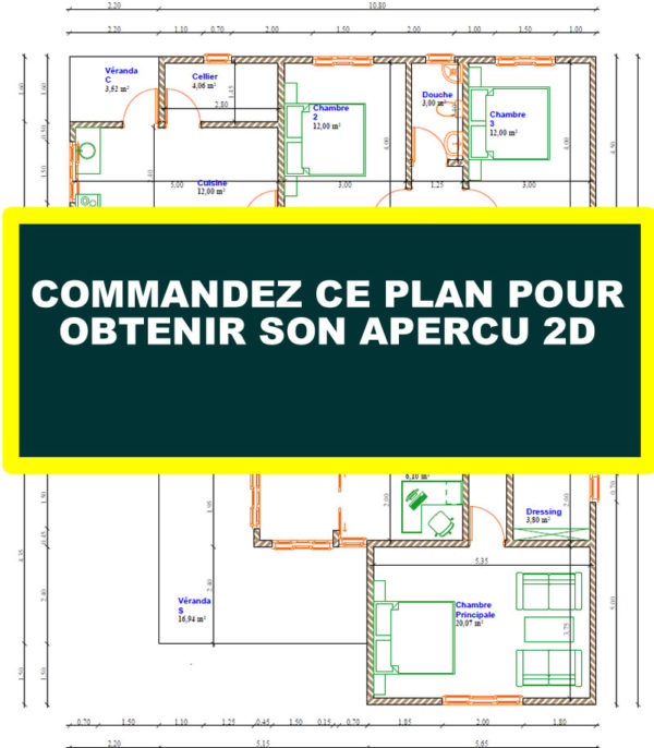 Plan de maison stylé de 3 chambres, 1 salon, 1 SAM, 1 cuisine - Image 9