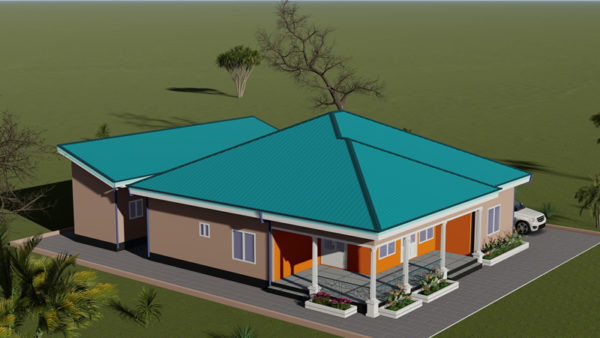 Plan de maison moderne 5 chambres, un salon avec véranda en L - Image 2