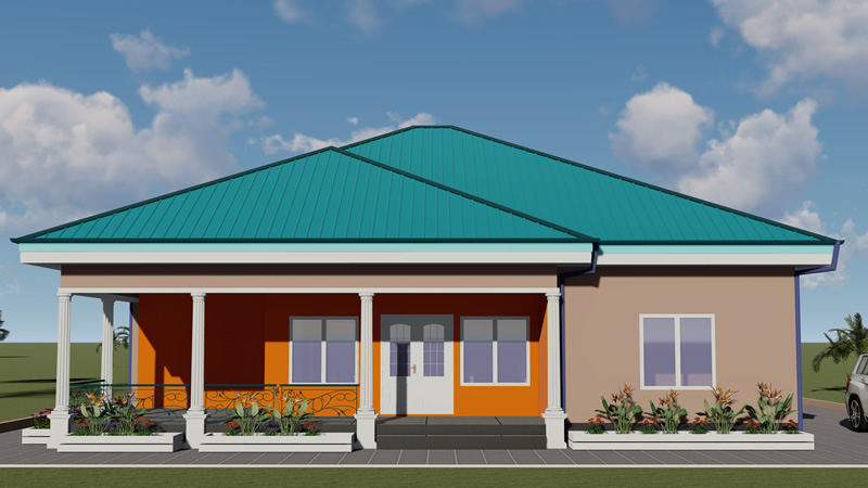Plan villa 5 chambres avec grande véranda en L