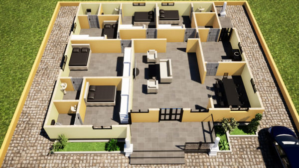 Plan de maison moderne 5 chambres salon, avec douche dans chaque chambre - Image 8