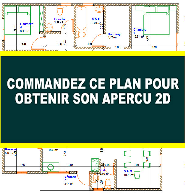 Plan de villa plain-pied de 4 chambres, grand salon, avec salon et salle à manger