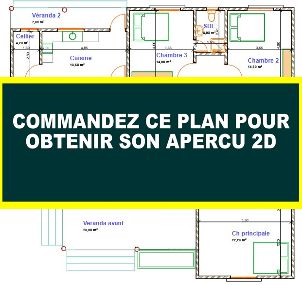 Plan de villa en L de 3 chambres salon – Image 6