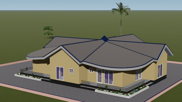 Caractéristique de notre plan de villa plain-pied de 4 chambres moderne en étoile, 2 grand salons, 2 salle à manger, 2 cuisines et 5 douches.
