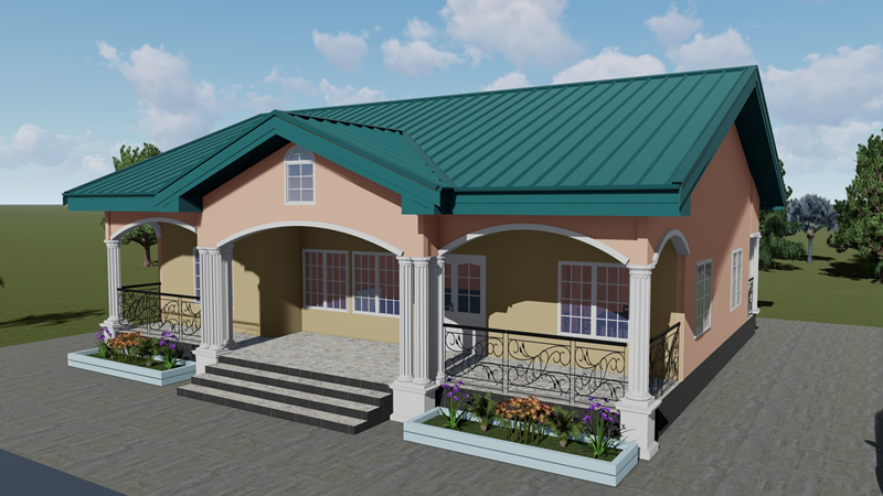 Plan de villa plain-pied de 3 chambres modernes avec toiture 2 pentes