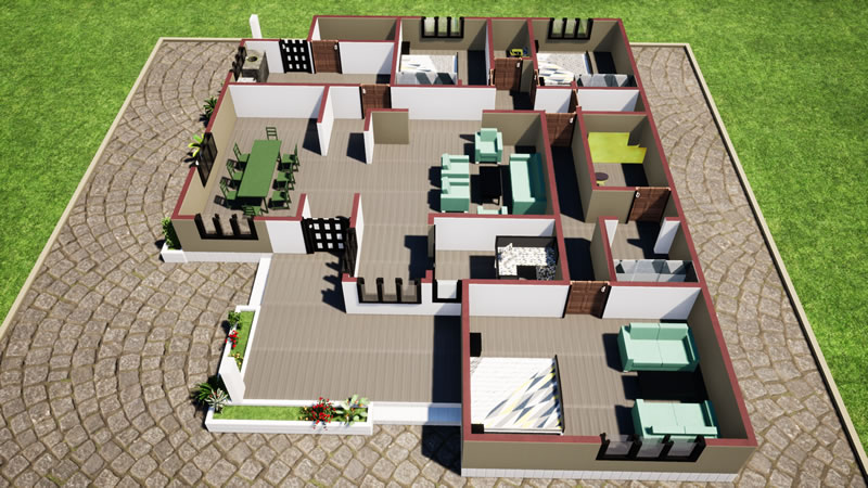 Plan de maison en L de 3 chambres modernes avec bureau – Image 10