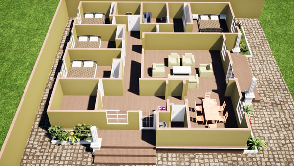 Plan de villa plain-pied de 4 chambres, salon et salle à manger – Image 6